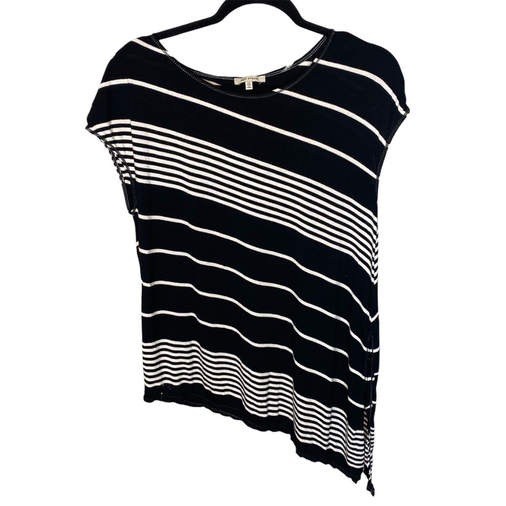 MAX STUDIO Asymmetrical Top Shirt Tunic Black White Diagonal Stripes Size Medium